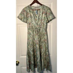 LOFT NWT S Petite Green Paisley Print V Neck Flutter Sleeve‎ Satin Midi Dress